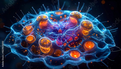 Microscopic, bioluminescent organism with glowing orange orbs and blue tendrils, set against a dark background
