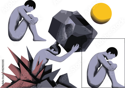 Conceptual graphic illustration depicting three human figures struggling with massive psychological burdens, symbolic emotional pain, severe stress, depression, and anxiety disorder, as one trapped pe
