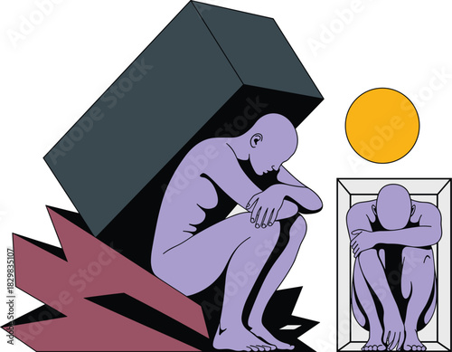 Abstract minimalist psychological illustration depicting a genderless lavender figure burdened by a massive tilted dark geometric block and another person crouching trapped in a cage, symbolizing isol