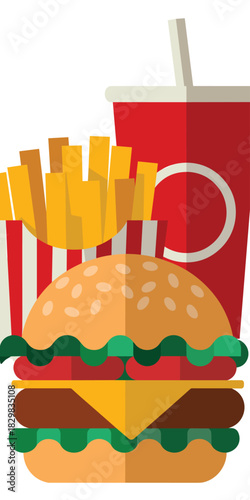 Classic fast food meal vector graphic illustration featuring an iconic cheeseburger, golden crispy French fries in a striped carton, and a large red soda drink; a delicious convenience lunch combo des