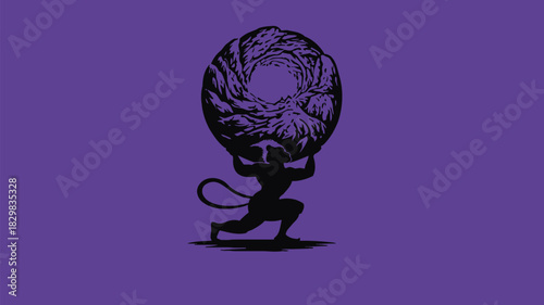 Hanuman carrying mountain silhouette illustration on purple background for strength, determination and powerful symbolism needs
