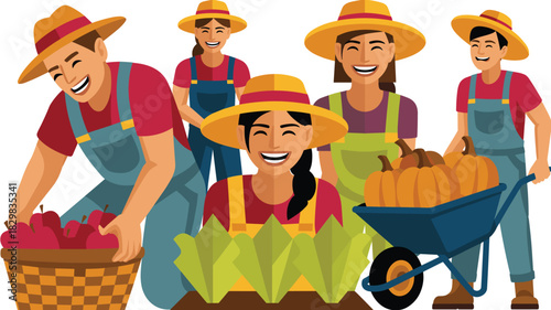 Diverse group of cheerful farm workers joyfully harvesting fresh fruit and organic vegetables, including red apples and ripe pumpkins, showcasing agricultural teamwork and sustainable rural labor in a