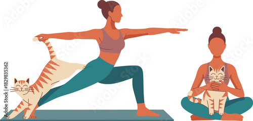 Stylized vector graphic illustrating a fit young woman performing a Warrior II yoga pose and meditation alongside her playful orange tabby cats, representing home fitness, self-care, healthy lifestyle