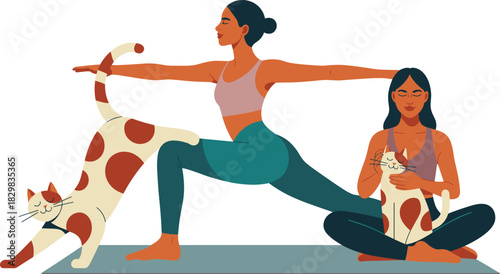 Two diverse young women practicing yoga and mindful stretching at home, one in Warrior II pose while the other sits serenely petting an affectionate cat, surrounded by their happy feline pets, a moder