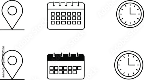 A minimalist vector collection of black outline icons representing core business and scheduling concepts: location, calendar date management, and accurate time