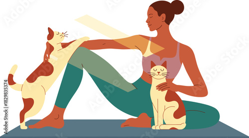 Diverse young adult woman practicing stretching and yoga on an exercise mat, calmly petting her two favorite companion cats at home; symbolizing wellness, relaxation, health, cozy domestic lifestyle,