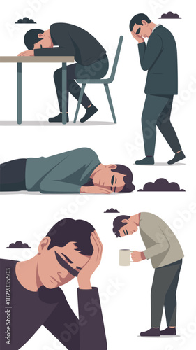 Exhausted professional man suffering from acute corporate burnout, stress, and depression, showing symptoms like desk sleeping, fatigue, and low motivation; a conceptual mental health vector illustrat