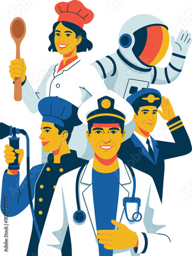 Diverse group of cheerful professionals, including a doctor, ship captain, chef, and astronaut, representing essential careers and successful occupations across modern industry, technology, healthcare