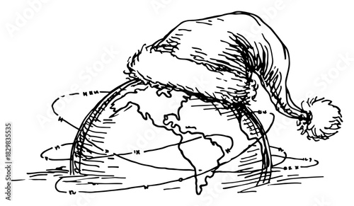 Earth globe wearing Santa hat sketch – festive Christmas worldwide celebration vector illustration
