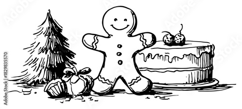 Gingerbread man with Christmas cake gifts and fir tree – hand drawn holiday dessert vector art