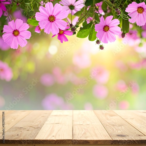 Pink cosmos flowers bloom over a blurred background and a wood table, creating a vibrant scene