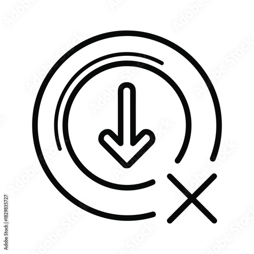 Black and white line icon representing a download failure or cancellation with a downward arrow inside a circle and an x mark