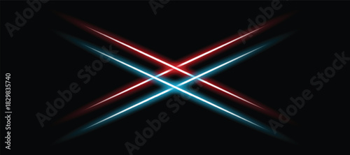 Two intersecting neon light beams, red and blue, create an x shape on a dark background.