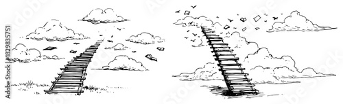 Hand-drawn vector sketch of a wooden ladder or stairs leading up into the clouds and sky symbolizing dreams success and ambition