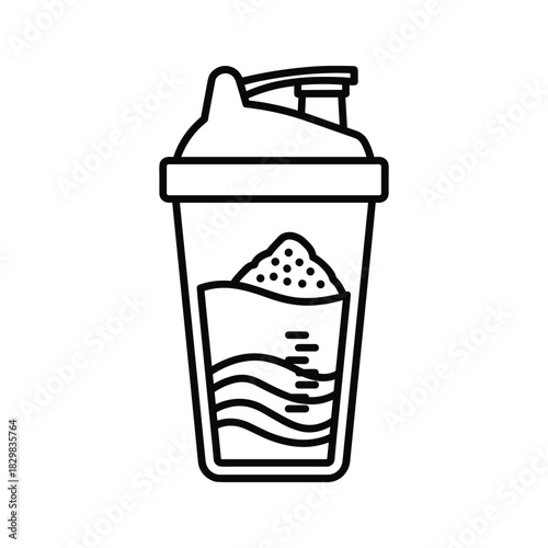 Outline icon of a protein shaker bottle with powder and liquid inside, isolated on