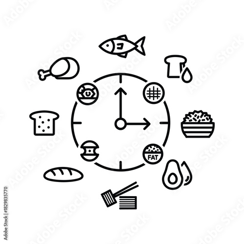 Black and white line art icon representing intermittent fasting schedule with various food groups arranged around a clock face isolated on