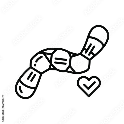 Hand drawn line art icon of a stylized, segmented object resembling a molecule or abstract shape with a checkmark heart symbol, isolated on