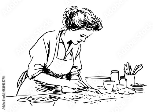 Vintage woman cooking and chopping ingredients in kitchen – detailed black line-art vector illustration
