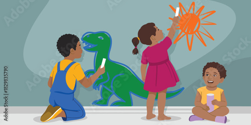 Three happy African American children drawing creative pictures with chalk on a large light blue wall, featuring a green dinosaur and a bright orange sun, illustrating early childhood education, play,