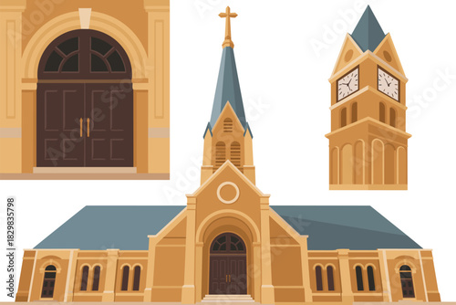 Classic Christian church architecture vector graphic asset set, showcasing the historic religious facade, tall spire steeple with cross, separate clock tower, and detailed chapel entrance doors, ideal
