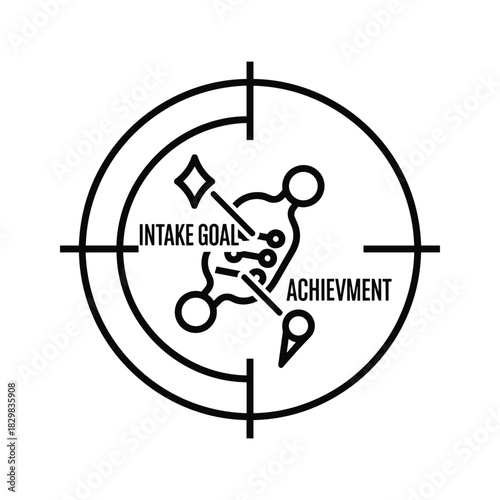 Black and white icon representing a strategic process flow from intake goal to achievement within a target scope