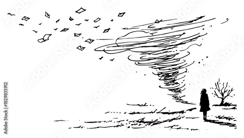 Hand drawn vector sketch of a silhouette person standing near a tornado with flying papers in the wind