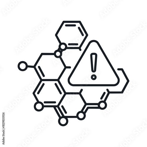 Line art icon representing chemical hazard or toxic substance warning overlaid on a molecular structure, isolated on