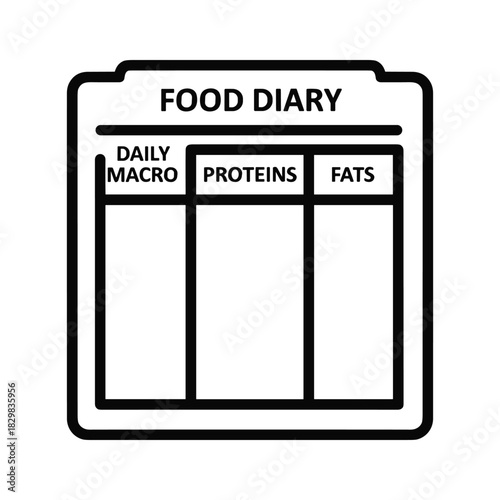 Black and white icon representing a food diary or nutrition log for tracking daily macro, protein, and fat intake, isolated on