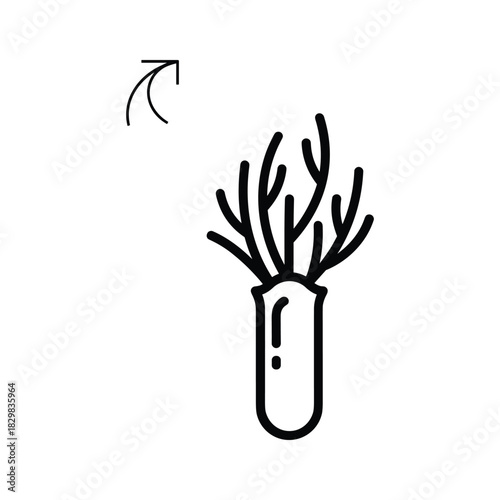 Minimalist black and white line art icon representing a plant or herb growing in a test tube with an upward curved arrow symbol, isolated on