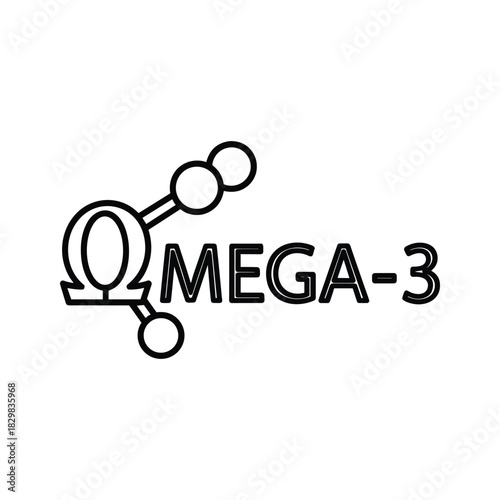 Black and white line art icon representing omega3 fatty acid structure with text, isolated on