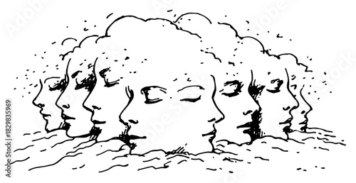 Hand drawn sketch of surreal human faces merging with dreamlike clouds or dust vector illustration of sleeping heads in profile representing psychology or soul