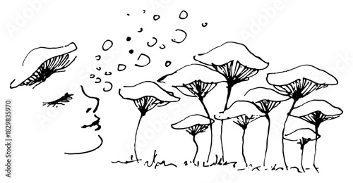 Hand drawn vector sketch of a woman face profile dreaming among fantasy trees and floating bubbles