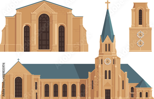 Detailed architectural vector illustration of a traditional Christian church building with a tall cross-topped steeple, clock tower, and stone facade structure elevation for historic preservation, fai