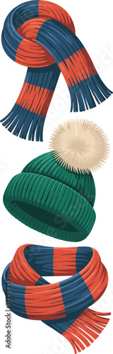 Knitted winter warm accessories set including a green beanie hat with a fluffy pom-pom and two cozy striped scarves, essential seasonal fashion elements for cold weather promotion, advertising, and e-