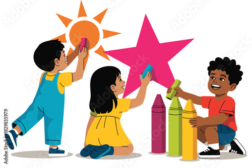 Multicultural diverse elementary school children happily engaging in creative art class activities, drawing a colorful sun and star with big chalk blocks, promoting early childhood education, learning