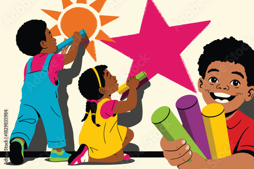 Three diverse young Black students drawing and coloring a bright sun and magenta star on a wall, showcasing creative fun, teamwork, and early childhood education in a vibrant graphic illustration for