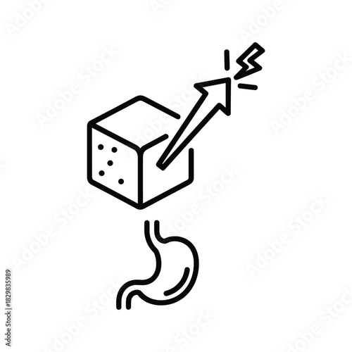 Line icon representing sugar cube absorption or spike in stomach causing energy or pain isolated on
