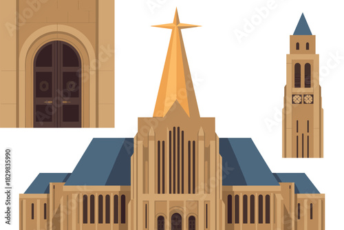 Minimalist flat design vector illustration depicting a majestic institutional structure, like a university chapel or grand cathedral, with a prominent golden star-topped steeple and clock tower, showc