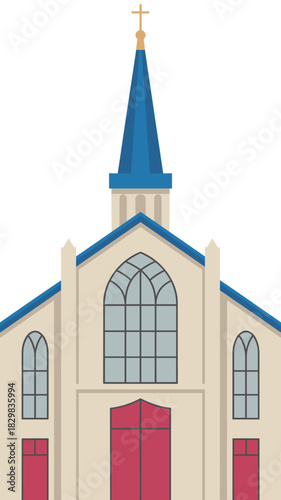 Prominent Christian church facade illustration featuring a tall blue steeple and golden cross finial, a symmetrical vector graphic design with large arched gothic windows, beige walls, and contrasting