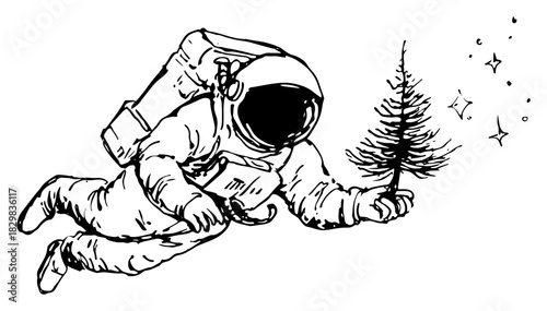 Astronaut floating in space holding tiny Christmas tree – whimsical black line-art vector illustration