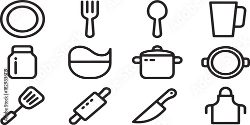 Black and white line art illustration of kitchenware and cooking utensil icons