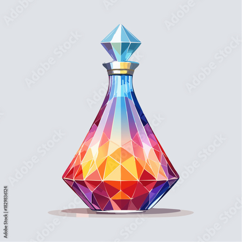 A Faceted Crystal Glass Potion Bottle Filled with Rainbow Colored Liquid and a Faceted Diamond Stopper on a Light Gray Background with Subtle Shadow