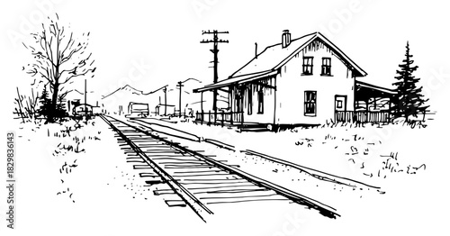 Rural train tracks leading to small railway station house landscape sketch vector illustration