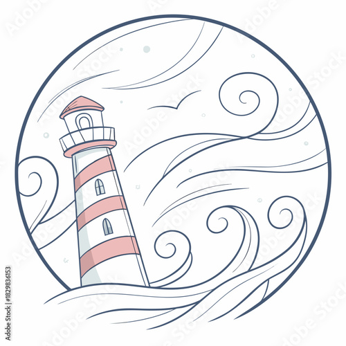 Striped lighthouse standing tall in stormy seas with a bird flying
