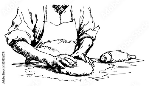 Baker kneading bread dough with rolling pin on table hand drawn food preparation vector illustration