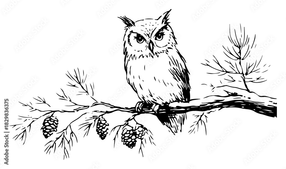 Fototapeta premium Hand-drawn vector sketch of a wise owl perched on a pine tree branch with pinecones in a natural forest setting