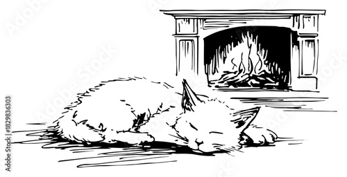 Hand drawn sketch of a cute domestic cat sleeping curled up in front of a burning fireplace vector illustration of warmth and hygge