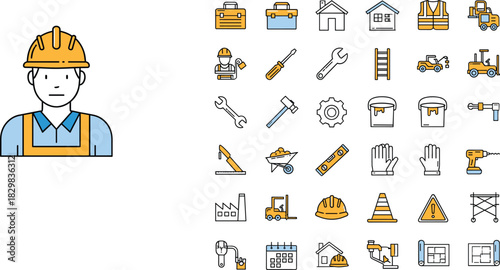 Colored outline icons for a construction worker, tools, safety gear, and heavy equipment used on building sites.