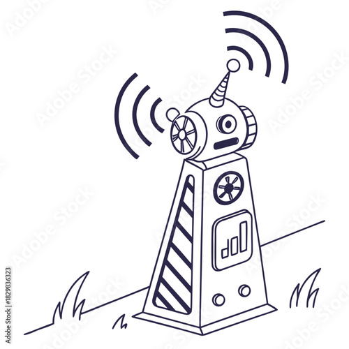 Cartoon robot communication tower broadcasting signals with wifi bars