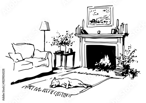 Hand drawn sketch of a classic living room interior with an armchair and a cat sleeping on the rug vector illustration of home sweet home
